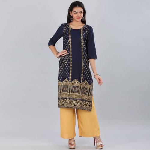 Aurelia Women Printed Cotton Blend Straight Kurta  (Blue)