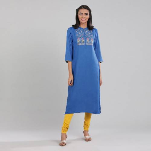 Aurelia Women Embroidered  Viscose Blend Straight Kurta  (Blue)