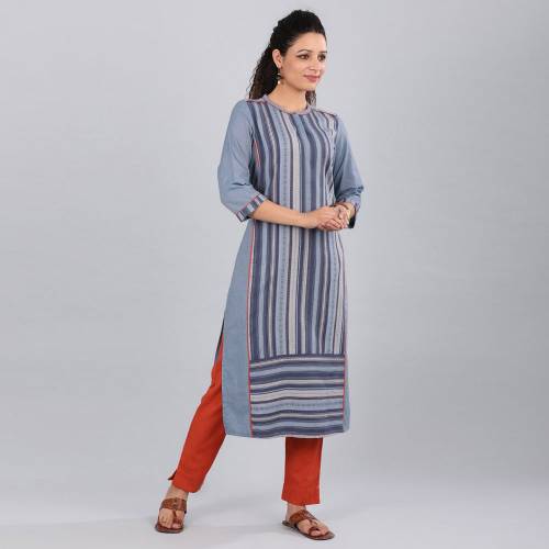 Aurelia Women Striped Cotton Straight Kurta  (Blue)