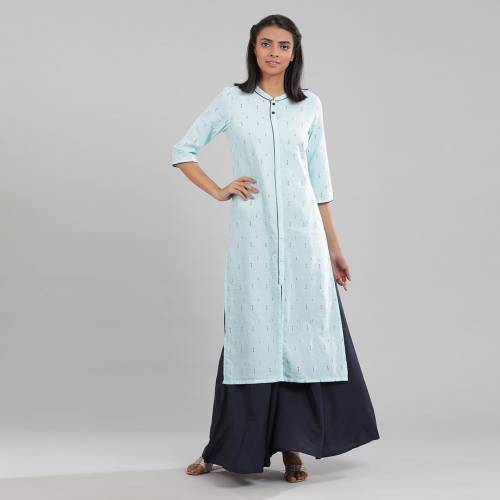 Women Self Design Cotton Blend Frontslit Kurta  (Blue)