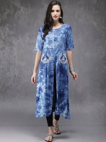 Anouk Women Dyed Cotton Viscose Blend Frontslit Kurta  (Blue)