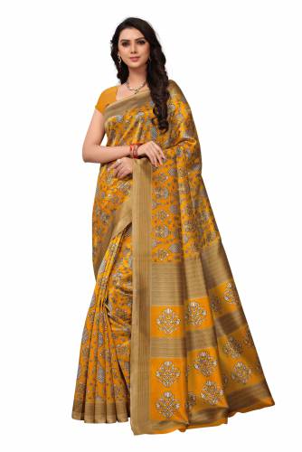 Printed Kalamkari Art Silk Saree(Yellow)