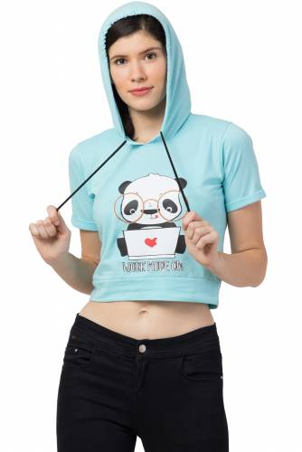 Haasimart Women Hoodies T-Shirt In Sky Blue Colour, Crop Type With Cartoon Printed