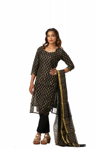 MADHULIKA KOTA DORIA BLOCK PRINT UNSTICHED DRESS MATERIAL WITH PLAIN BOTTOM
