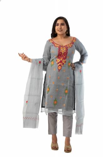 MADHULIKA KOTA DORIA THREAD EMBROIDERY UNSTICHED DRESS MATERIAL WITH PLAIN BOTTOM