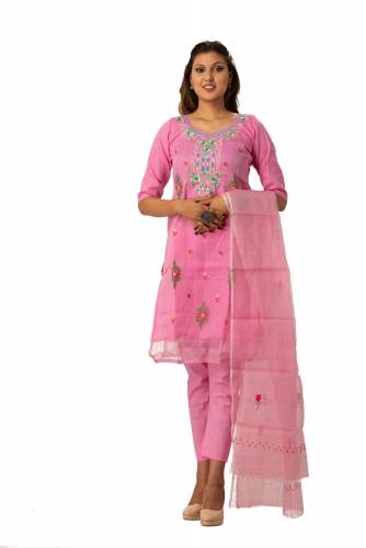 MADHULIKA KOTA DORIA THRED EMBROIDERY WORK  UNSTICHED DRESS MATERIAL WITH PLAIN BOTTOM