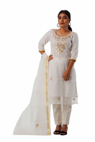 MADHULIKA KOTA DORIA PITTHA WORK UNSTICHED DRESS MATERIAL WITH PLAIN BOTTOM