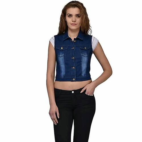  Sleeveless Solid Women Jacket (Dark Blue)