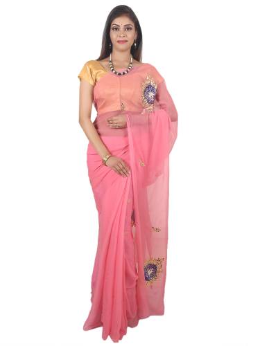 SAARVI Beautiful Peacock Motives With Pench And Jari Handwork Chiffon Saree