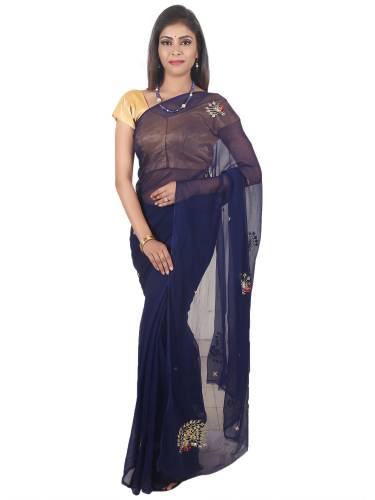 SAARVI Beautiful Peacock Motives With Danka And Resham Handwork Chiffon Saree
