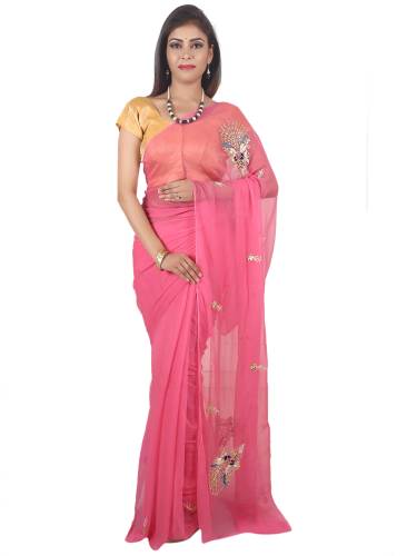 SAARVI Beautiful Peacock Motives Handwork Chiffon Saree With Blouse