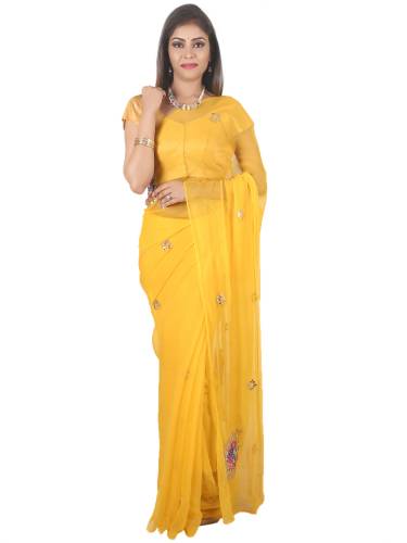 SAARVI Pench And Gotta Patti Handwork Elephant Motives Chiffon Saree With Blouse