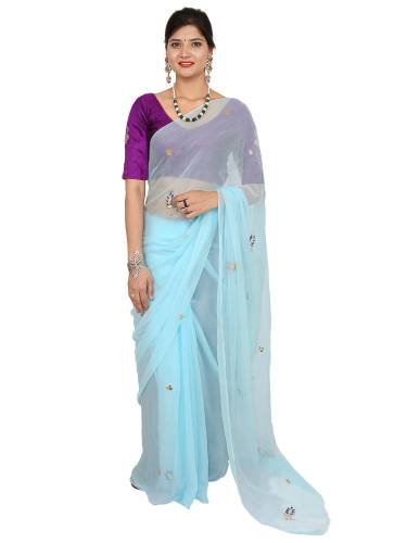 SAARVI Resham And Jari Butti Handwork Chiffon Saree With Running Blouse