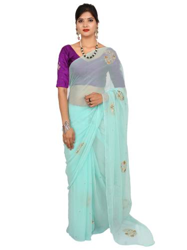 SAARVI Jardosi , Jari And Sequence Handwork Motives Chiffon Saree With Running Blouse