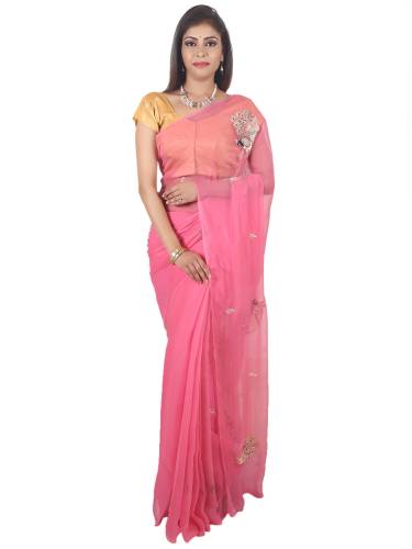 SAARVI Beautiful Peacock Motives Handwork Chiffon Saree With Blouse