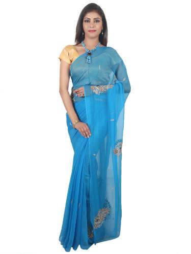 SAARVI Beautiful Peacock Motives Handwork Chiffon Saree With Blouse
