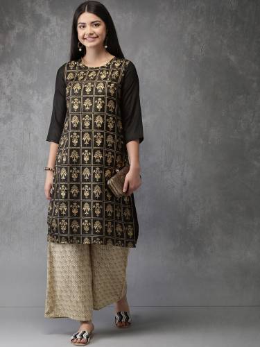 Anouk Black And Beige Printed Kurta With Palazzo