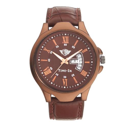 Time-In Day And Date Functioning Brown Dial Wrist Watch For Men's And Boy's
